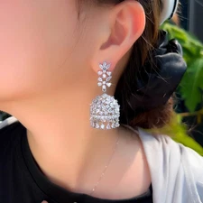 Women Luxury Silver Plated Long CZ Zirconia Bell Chandelier Dangle Drop Earrings