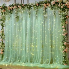 10x8ft Olive Green Tulle Backdrop Curtain with Lights String for Parites, She...