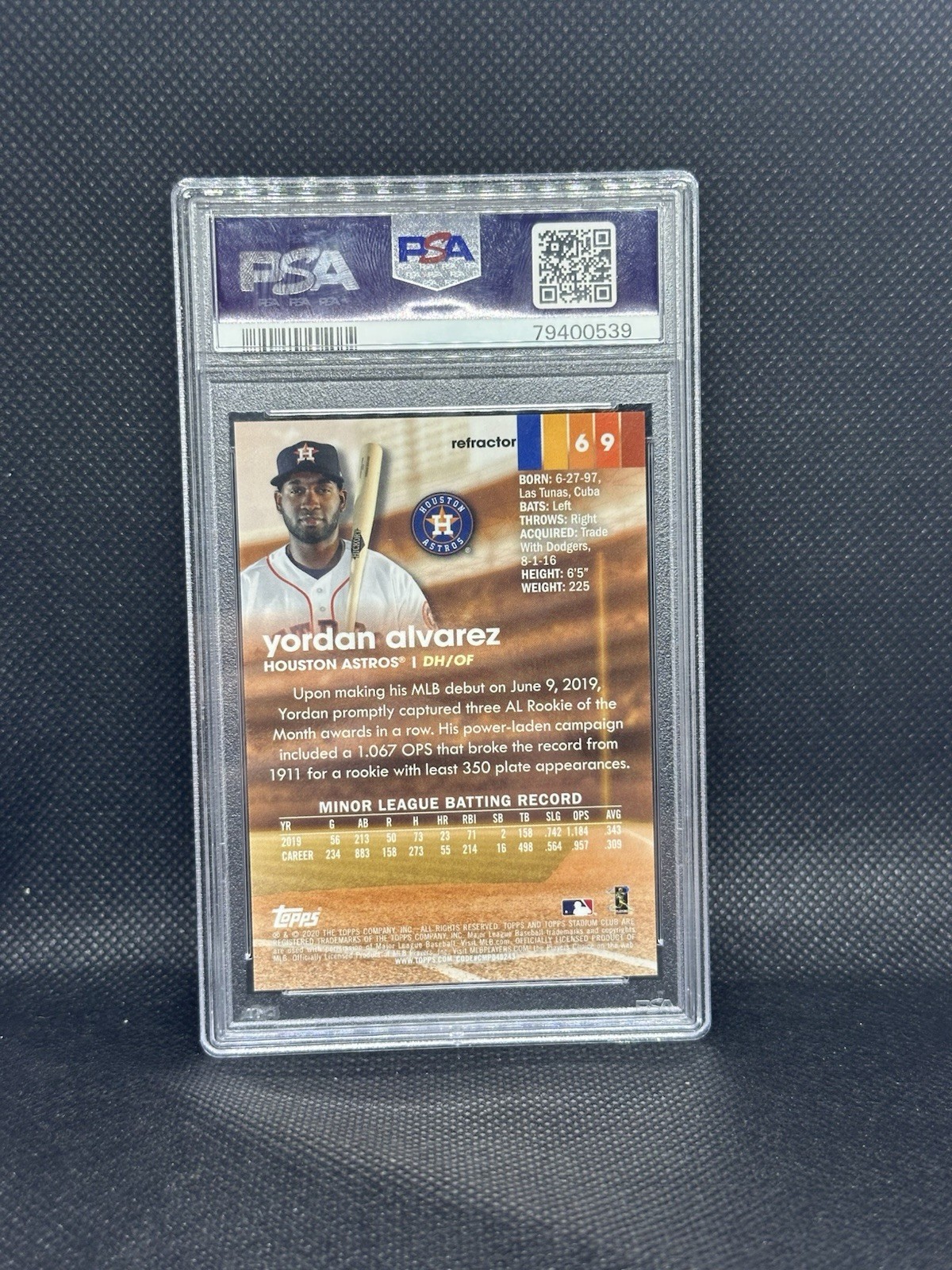 Yordan Alvarez RC Refractor PSA 10 GEM MINT 2020 Stadium Club Chrome #69 view 2