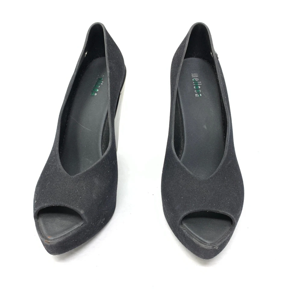 Melissa Women's Size 6 Faux Leather Heel Pump Peep Toe Black Gray *READ - Image 2 of 4
