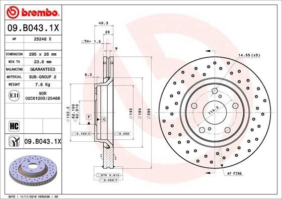 Disque de frein 09.B043.1X BREMBO avant ventilé compatible TOYOTA essence diesel