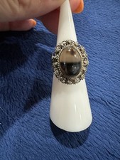 Vintage Sterling Silver 925 Round Brown Oval Banded Agate Ring, Size 4.5