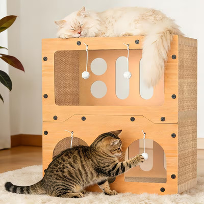 2-Tier Cardboard Cat play Scratcher House Plush Balls with ball Toys for Indoor