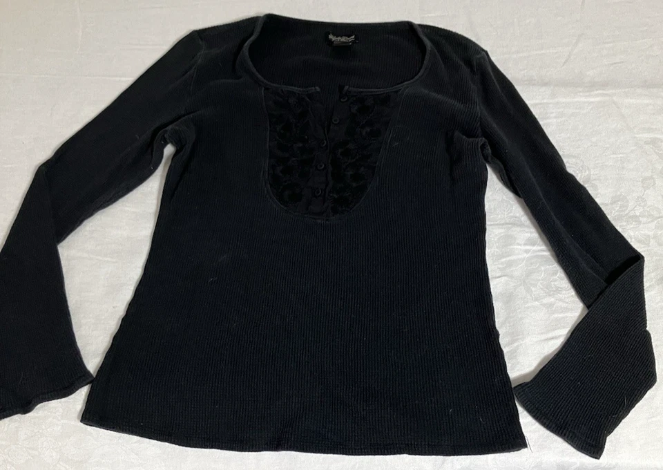 Top Lucky Brand Mujer XL Grande Tejido Waffle Manga Larga Grunge Bordado Negro Foto 2 de 4