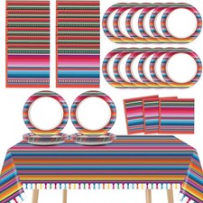 Mexican Fiesta Party Supplies Set for 24  Colorful Plates, Napkins, Tablecloth