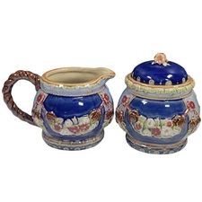 Cobalt Blue Ceramic Creamer + Sugar Bowl Set Floral Embossed Pitcher Vintage