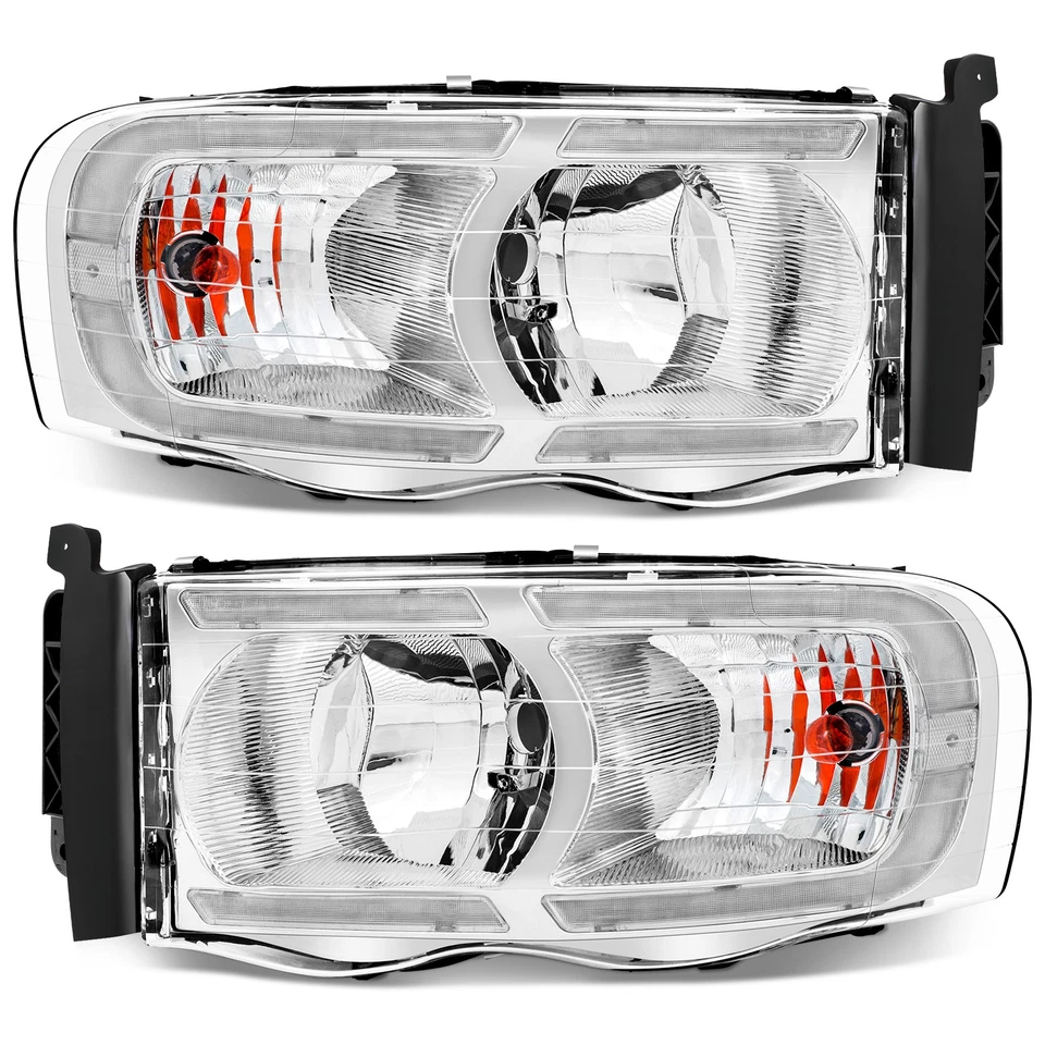 LED DRL Headlights For 2002-2005 Dodge Ram 1500 2500 3500 Chrome Headlamps LH+RH - Image 3 of 4