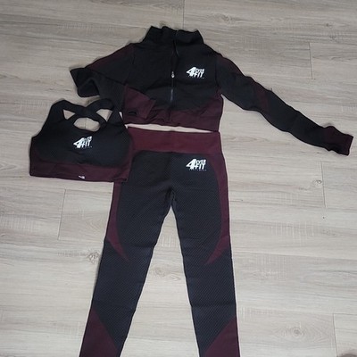 4Ever Fit Black Burgundy 3 Piece Set L Jacket Bra Leggings Stretch Zip