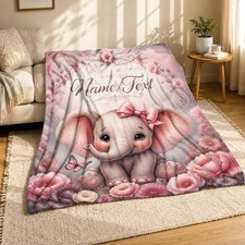 Baby Elephant Floral Name Text Soft Fleece Blanket Personalized Decor