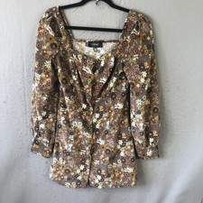 Retro Dress Womens M Multicolor Corduroy Floral Shirt Square Neck Mini Fall 60s