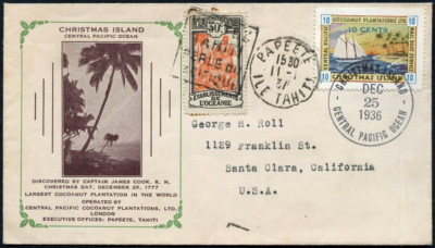 Christmas Island 1936 Cover Privat Mail Boat Stamp French Polynesia USA / 794