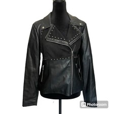 Just Fab Faux Leather Moto Jacket Size Medium Black Studded Asymmetrical Zip