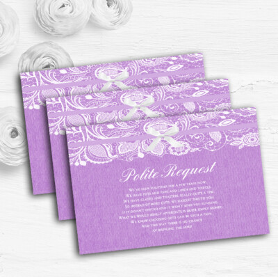 Vintage lila lila Sackleinen & Spitze individuell Hochzeit Geschenk Wunsch Geld Gedicht Karten