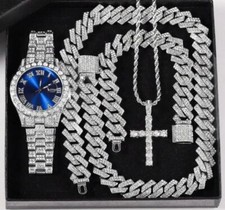 Hip Hop Simulated Diamond Luxury Watch Iced Cuban Chain Cross Necklace Bracelet