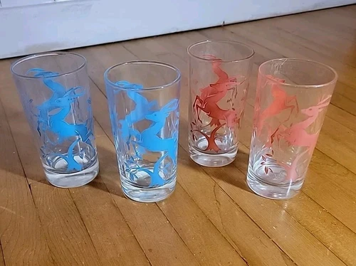 Vintage MCM Federal Gazelle Antelope Deer Juice Glasses Set of 4 Barware 1950s
