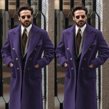 Purple Mens Wool Cashmere Coat Long Overcoat Heavy Winter Jacket Double Breasted