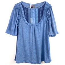 Sui by Anna Sui Doll Girl Lace Front Ruffle Short Sleeves Tee Blue W Sz S New