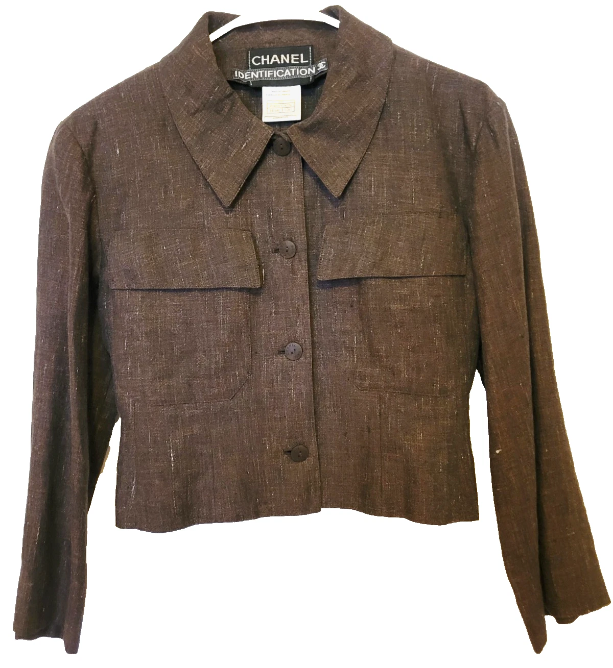 AUTENTICA TUTA LINO MARRONE CHANEL 2000 GIACCA CROPPED PANTALONI GAMBA LARGA LOGO BOTTONI 36