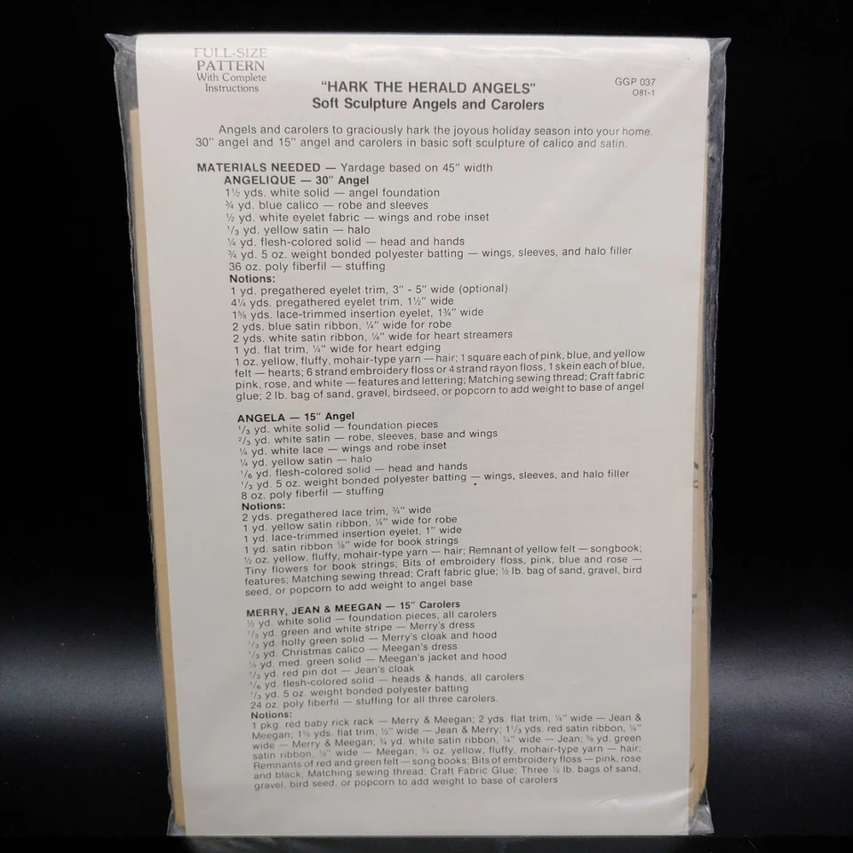 Soft Sculpture Doll Sewing Pattern - 30" Large Angel / 15" Christmas Carolers - Image 4 of 4