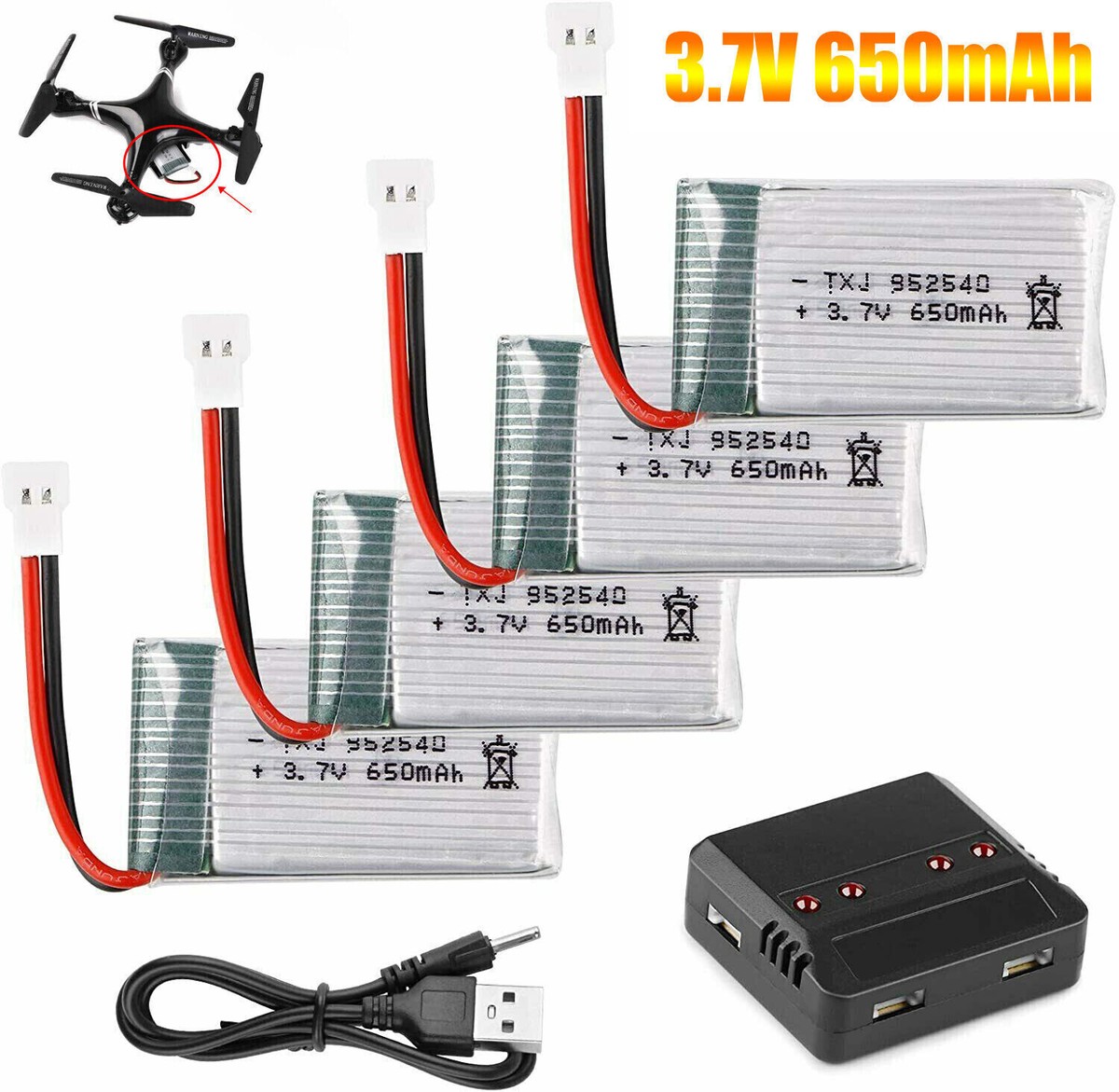 4PCS 650mAh Lipo Battery USB Charger Cable For RC Drone