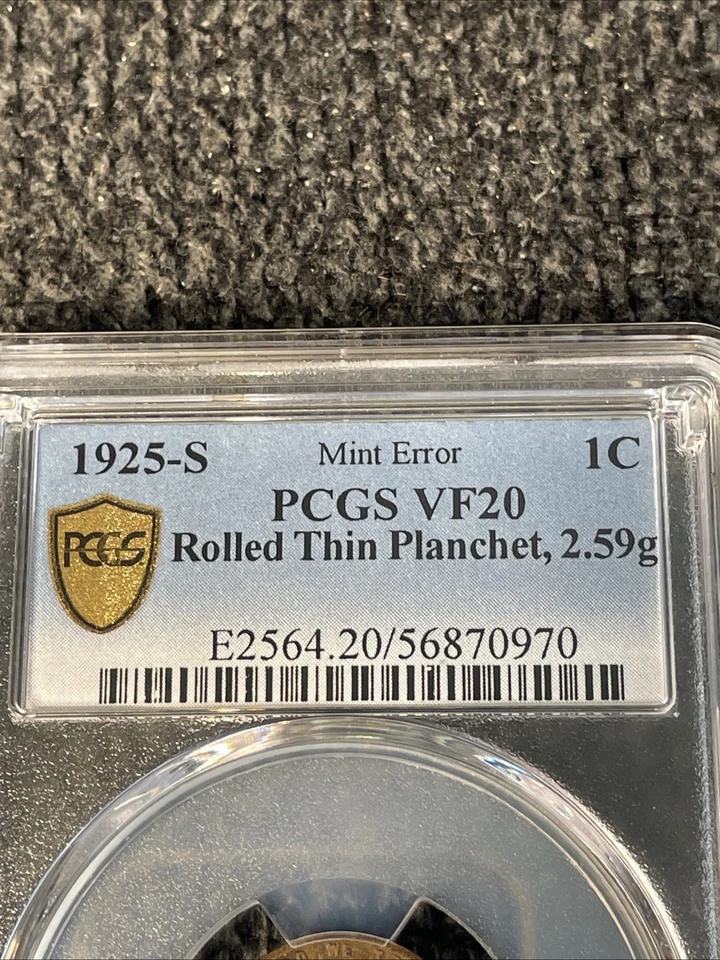 1925 s Rolled Thin Planchet Wheat Lincoln Cent PCGS VF 20 2.59 Grams Mint Error! - Image 3 of 4