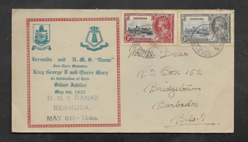 BERMUDA 1935 HMS DANAE LLUS FDC 1d & 1 1/2d SILVER JUBILEE 'IRELAND ISLAND' FDDS