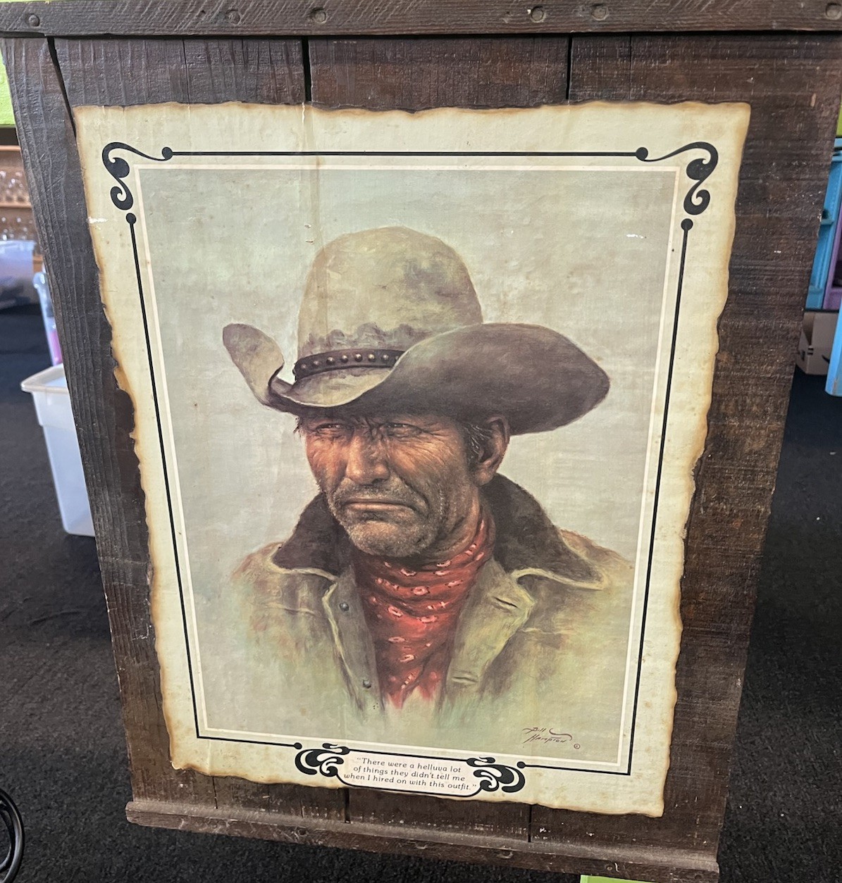 Vtg Bill Hampton Ramrod Trail Boss Cowboy Print Framed Mounted Rustic Western