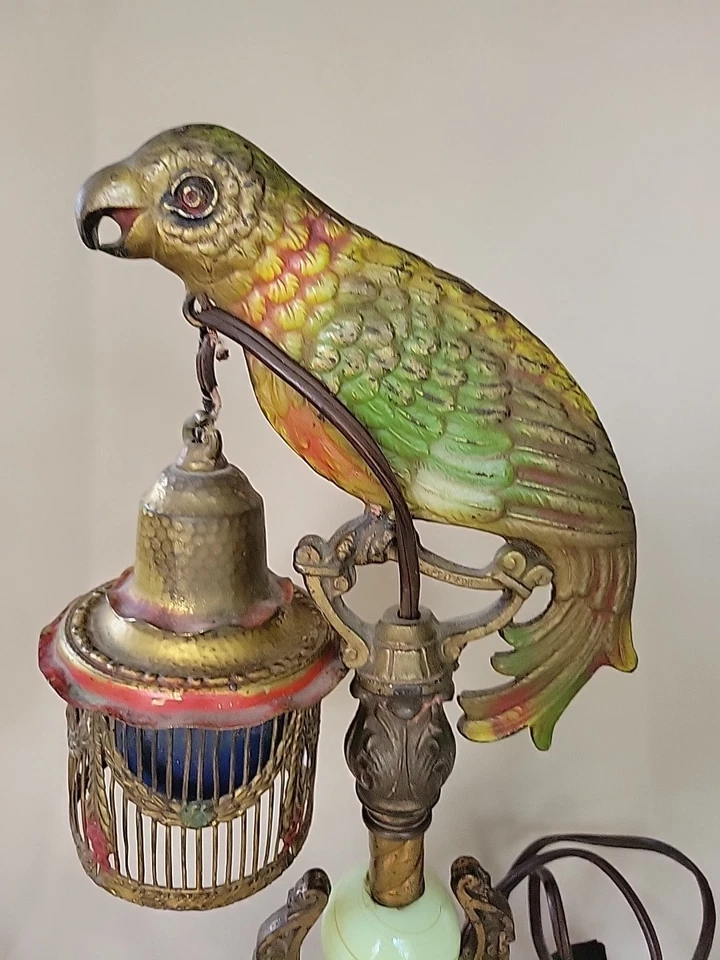 Antique Art Deco Metal Painted Cast Iron Parrot W/ Lantern Lamp W/uranium Green  - Image 3 of 4