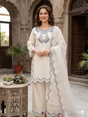New Fancy Off White Crepe Silk Kurta Palazzo With Organza Dupatta Party Wear