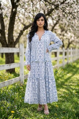 Tuckernuck Blue Cotton Dusty Blue V-Neck Medallion Ruffle Dress Size Small ~ EUC