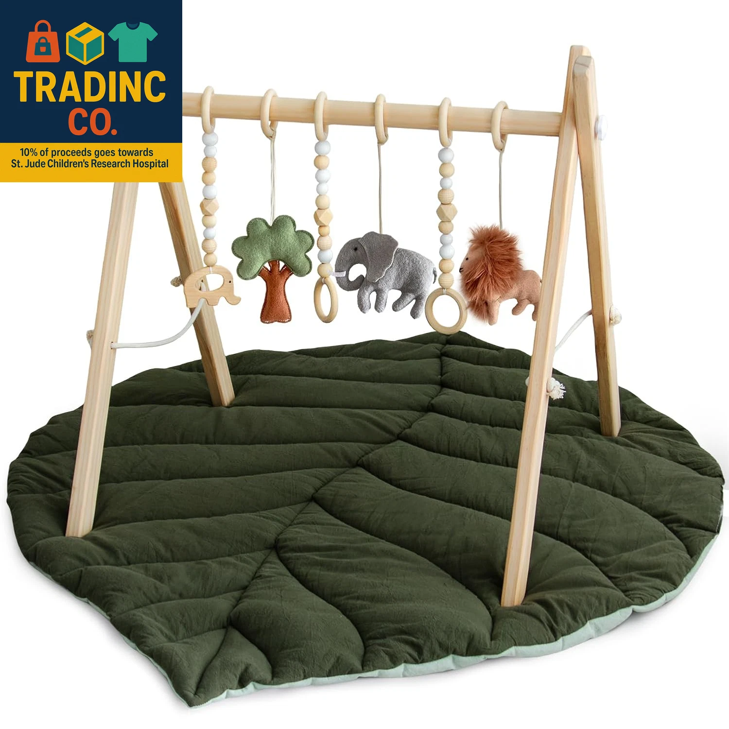 Wooden Baby Play Gym Activity Mat, Leaf Shaped Play Mat Baby Gym with 6 Hanging