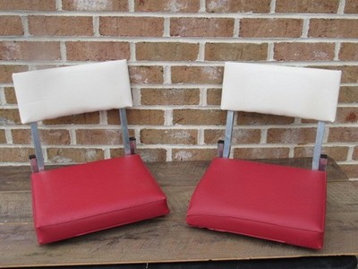 2 1-HA-68 VINTAGE FOLDING STADIUM BLEACHER  PADDED SEAT CHAIR RED / WHITE I PAIR