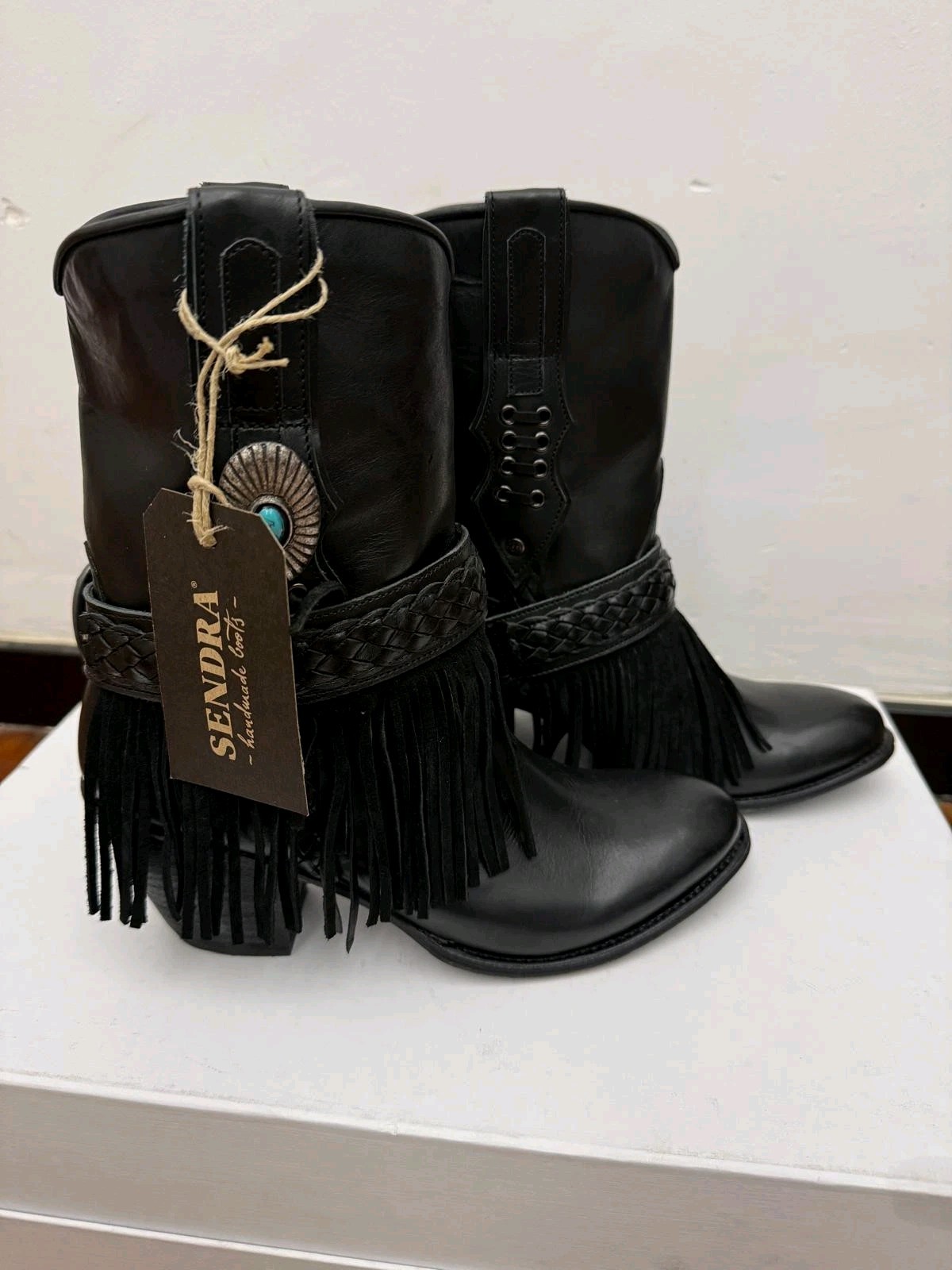 Botas Sendra 38 Negras Piel Flecos Turquesa Cowboy Moteras Mujer Nuevas