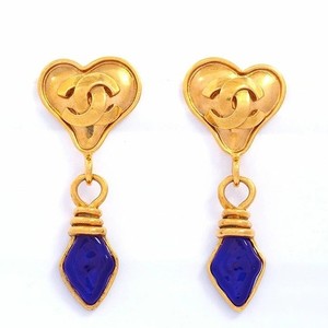 Authentic CHANEL 95P Coco Mark CC Blue Gripoix Dangle Earring Gold Plated 2.68 inches