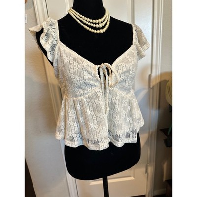 LA Hearts Cream Lace Flutter Sleeve Tie Front Peplum Coquette Cottage Fairycore
