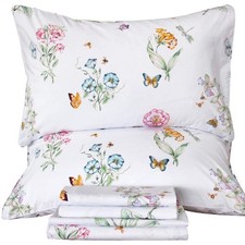 QSH Floral Queen Size Sheet Sets - Flower Butterfly Print Pattern Egyptian Co...