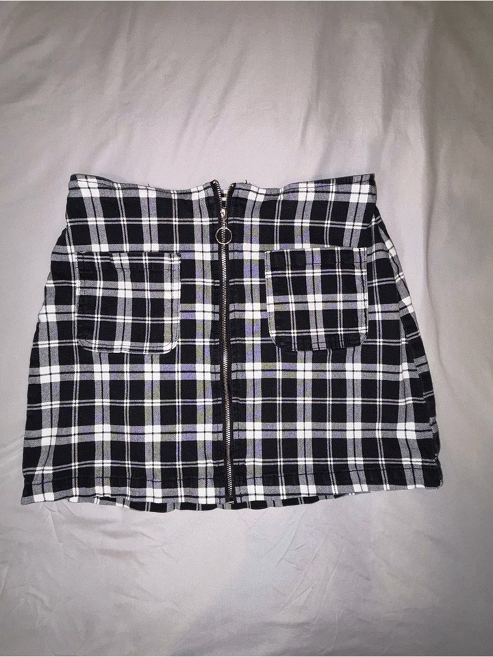 Tgla Black White Plaid O-Ring Zip Mini Skirt Size S Y2K Grunge