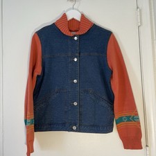 Pendleton Cotton Knit Back Denim Jacket Coral Aztec Print Foldover Collar M