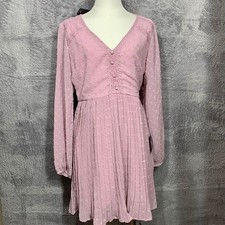 Lulus Mini Dress Womens Small Pink Swiss Dot Pleated Lace V-Neck Long Sleeve NEW