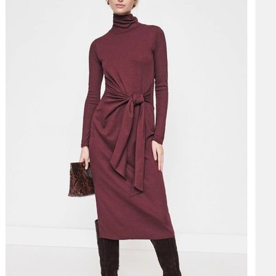 Ralph Lauren Burgundy Midi Knit Dress SMALL Wrap Mockneck Work Designer $145