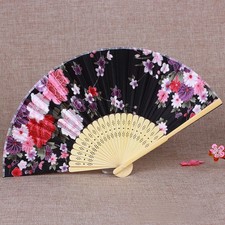 2 Pcs Bamboo Fabric Folding Hand Fan Floral Design For Summer Party Decor