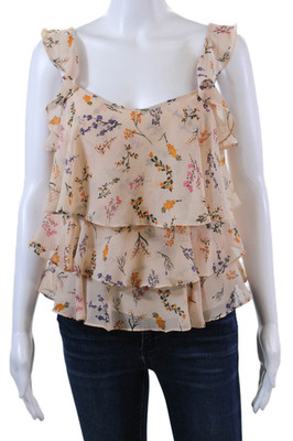 Rebecca Minkoff Womens Sleeveless Ruffled Floral Blouse Beige Size Extra Small