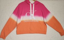 Calvin Klein Jeans Sweatshirt Large Dip Dye Hoodie Orange Pink Crop Top 0257