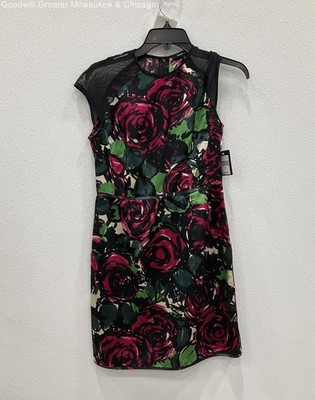 Nanette Lepore Womens Berry Multi Rose Print Mesh Cap Sleeve Daring Dress Size 2