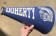 Vintage Megaphone Blue 16 -tall x 10 -opening Handle Metal Horn Cheer Doherty