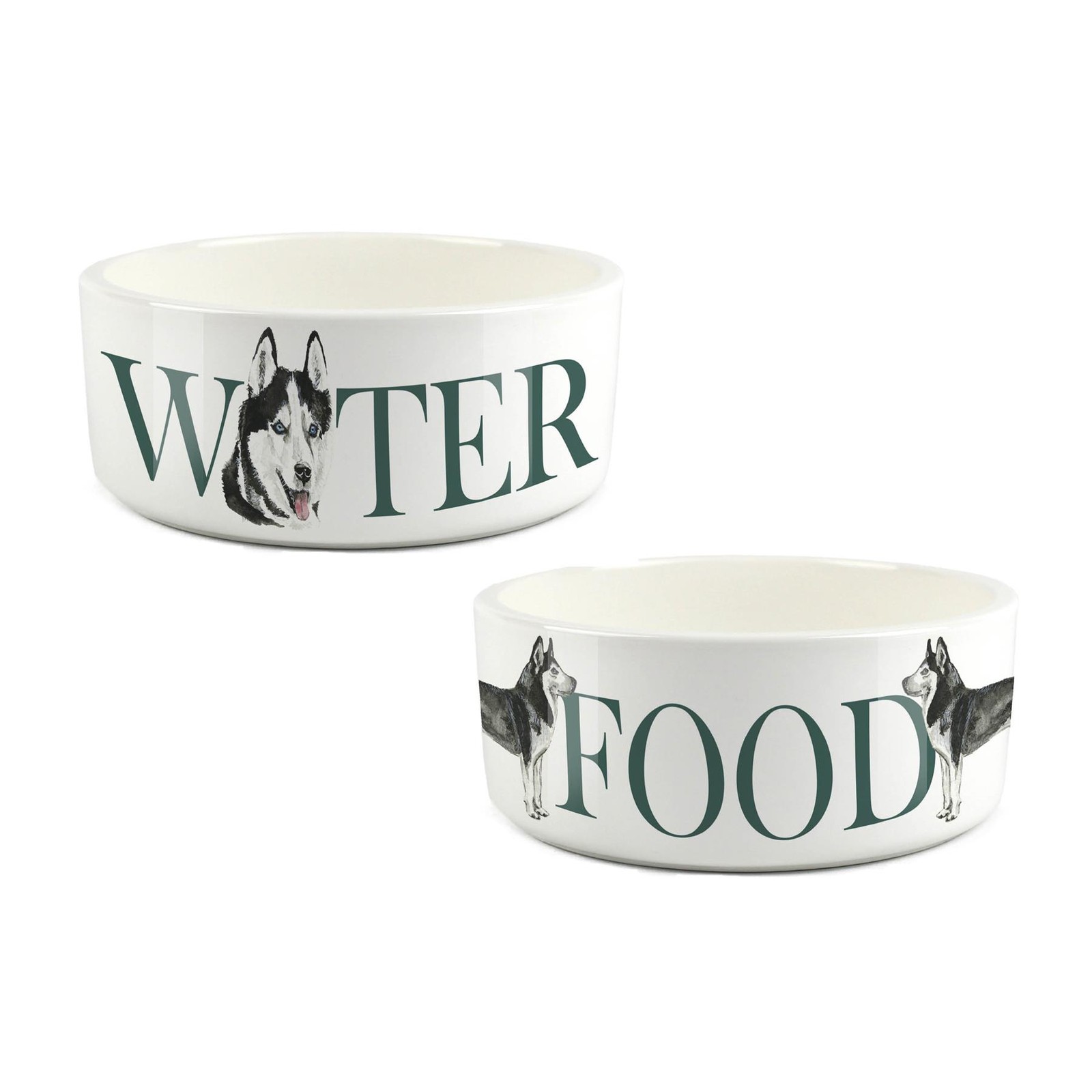 Husky Pet Bowl Set - Food & Water Large Ceramic Bowls Dog Portrait Gift