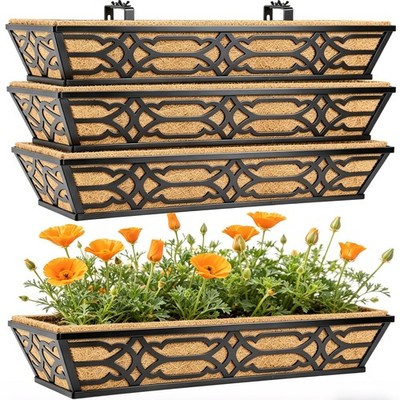 4 Pack 30 Inch Window Boxes Planters with Coco Liner, Large Metal Railing Pla...