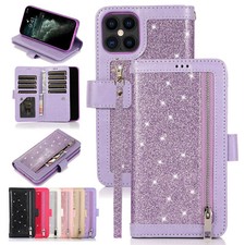 For iPhone 15 Pro Max 14 13 Bling Glitter Zipper Leather Wallet Flip Stand Case