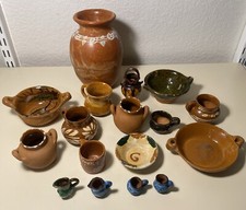 Vintage Lot Mexican Red Clay Pottery 17 Piece Handmade Hand Painted