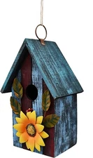 Wooden Decorative Birdhouse Hand Painted Hanging  with Sunflower (Blue)
